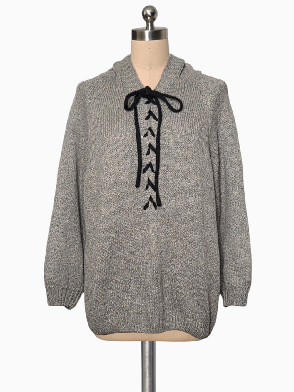 Chunky Knit Blue Gray Tan Fleck Lace Up Front Sweater With Hood L XL